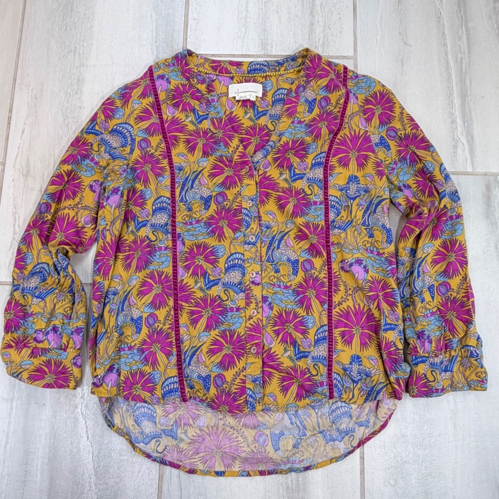 Anthropologie Floral Bird Print Blouse Mustard Yellow Magenta Cotton Modal M